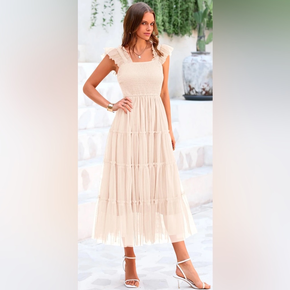 Pretty Garden Casual Sleeveless Smocked Ruffle Tulle Flowy Beach Sundress size S